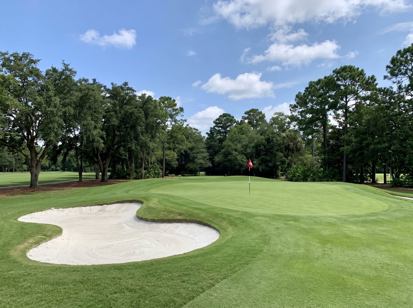 Practice green with bunker and flag for short-game lessons
