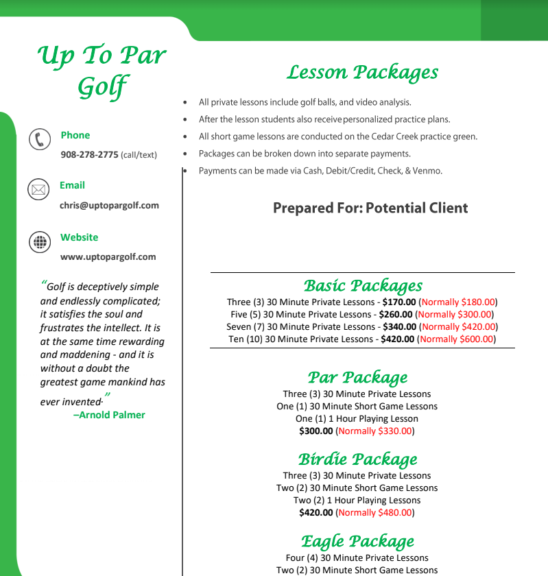 Example of a Custom Lesson Package